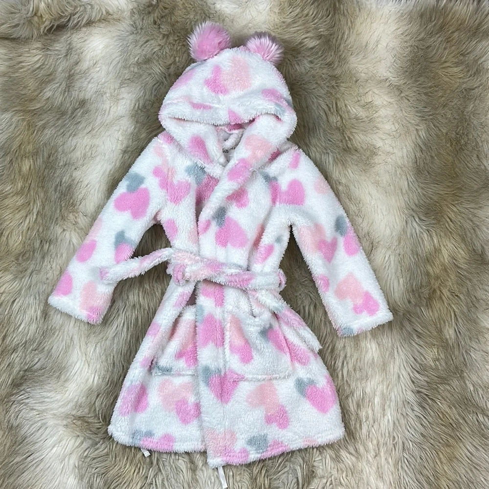 Laura Ashley Girls Plush Heart Robe Pom Pom Hood Belt 4T